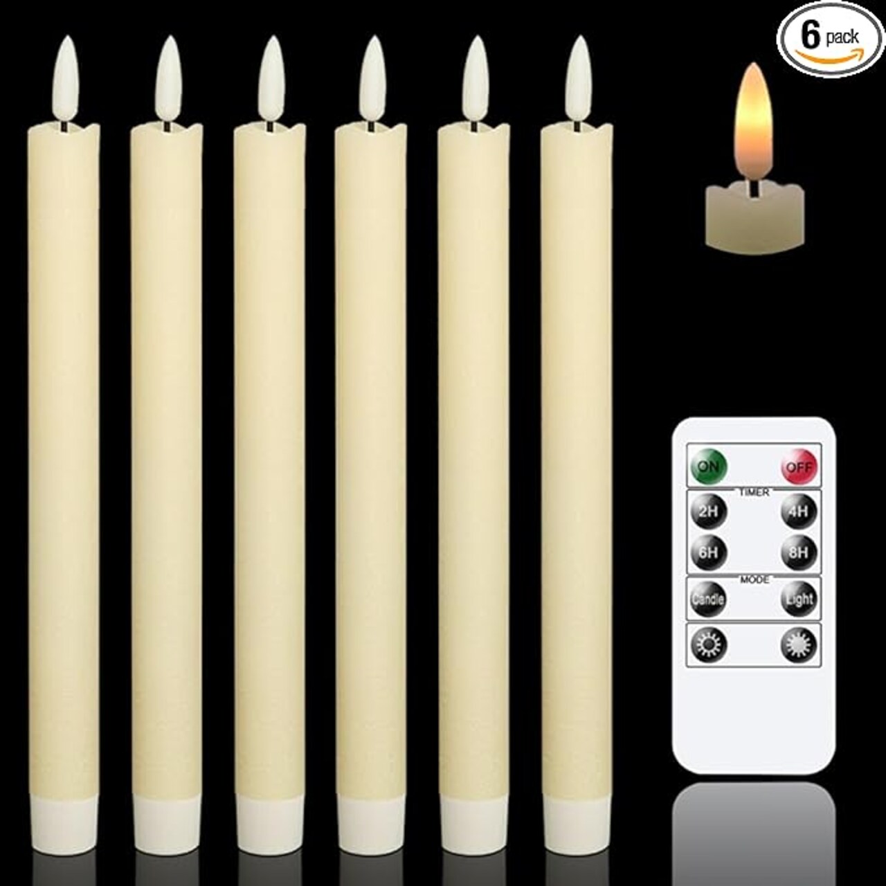 Flameless Ivory Taper Candles Flickering with 10-Key Remote, Battery Operated Led Warm 3D Wick Light Window Candles Real Wax Pack of 6, Christmas Home Wedding Decor(0.78 X 9.64 Inch)